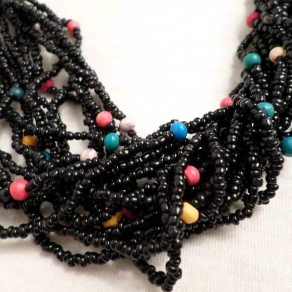 Womens Black Beaded Necklace with Multi Strands and Multi Colored Mixed Beading - Picture 2 of 5